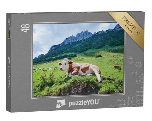 puzzleYOU: Puzzle 48 Teile „Kuh vor der berühmten Kampenwand, Bayern, Deutschland“ – aus der Puzzle-Kollektion Bayerische Alpen von puzzleYOU