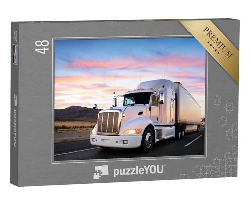 puzzleYOU: Puzzle 48 Teile „LKW auf der Fahrt durch den Sonnenuntergang“ – aus der Puzzle-Kollektion Trucks & LKW von puzzleYOU