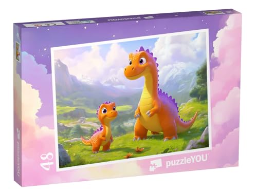 puzzleYOU: Puzzle 48 Teile „Mama und Baby Dino in den Bergen“ – aus der Puzzle-Kollektion Kinderpuzzle von puzzleYOU