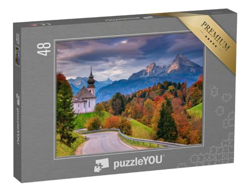 puzzleYOU: Puzzle 48 Teile „Maria Gern Kirche und Watzmann im Herbst, Bayern, Deutschland“ – aus der Puzzle-Kollektion Alpen, Watzmann, Berge & Täler, Bayerische Alpen von puzzleYOU