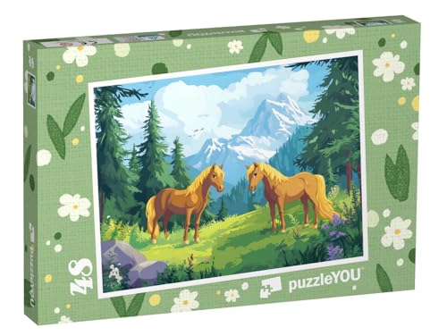 puzzleYOU: Puzzle 48 Teile „Pferdeglück auf Sommerwiese in den Bergen“ – aus der Puzzle-Kollektion Kinderpuzzle von puzzleYOU