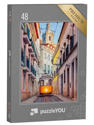 puzzleYOU: Puzzle 48 Teile „Straße von Lissabon mit historischer Straßenbahn, Portugal“ – aus der Puzzle-Kollektion Portugal von puzzleYOU