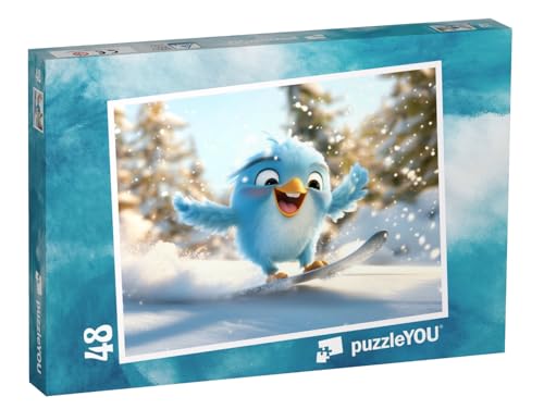 puzzleYOU: Puzzle 48 Teile „Vogel Friedolin beim Winterspaß in den Bergen“ – aus der Puzzle-Kollektion Kinderpuzzle von puzzleYOU