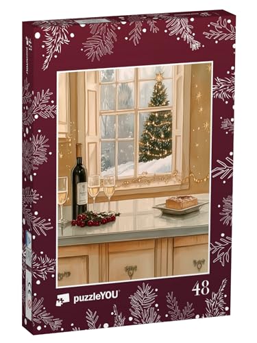 puzzleYOU: Puzzle 48 Teile „Weihnachtsleckerein: Wein und Kuchen“ – aus der Puzzle-Kollektion Weihnachten von puzzleYOU