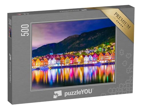 puzzleYOU: Puzzle 500 Teile „Abendliche Beleuchtung des Holzviertels Bryggen in Bergen, Norwegen“ – aus der Puzzle-Kollektion Bergen, Europäische Städte von puzzleYOU