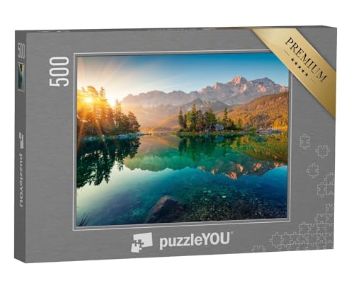 puzzleYOU: Puzzle 500 Teile „Beeindruckender Sommer-Sonnenaufgang am Eibsee mit Zugspitze“ – aus der Puzzle-Kollektion Eibsee, Bayerische Alpen von puzzleYOU