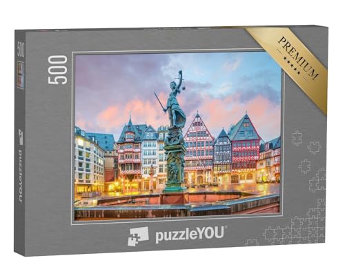 puzzleYOU: Puzzle 500 Teile „Dämmerung am Altstadtplatz Römerberg in Frankfurt, Deutschland“ – aus der Puzzle-Kollektion Hessen, Frankfurt, Deutsche Städte von puzzleYOU