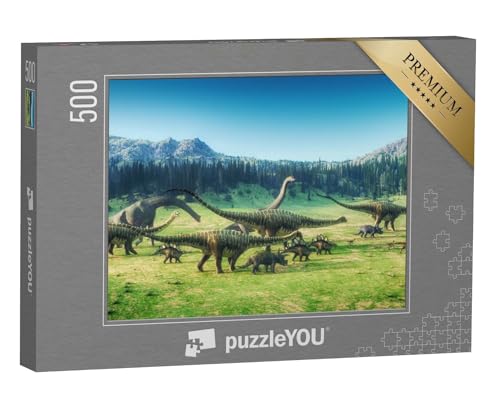 puzzleYOU: Puzzle 500 Teile „Dinosaurier auf dem Tal, 3D-Illustration“ – aus der Puzzle-Kollektion Dinosaurier, Tiere aus Fantasy & Urzeit von puzzleYOU