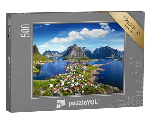puzzleYOU: Puzzle 500 Teile „Dorf Reine unter einem sonnigen, blauen Himmel, Lofoten, Norwegen“ – aus der Puzzle-Kollektion Norwegen von puzzleYOU