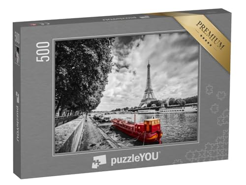puzzleYOU: Puzzle 500 Teile „Eiffelturm über der Seine mit rotem Schiff, Paris, Frankreich“ – aus der Puzzle-Kollektion Paris von puzzleYOU