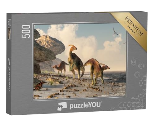 puzzleYOU: Puzzle 500 Teile „Eine 3D-Illustration: DREI Parasaurolophus“ – aus der Puzzle-Kollektion Dinosaurier von puzzleYOU