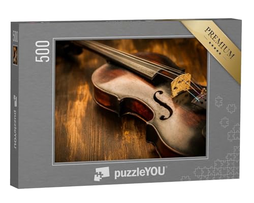 puzzleYOU: Puzzle 500 Teile „Geige: Vintage-Stil auf Holz-Hintergrund“ – aus der Puzzle-Kollektion Musik, Menschen von puzzleYOU