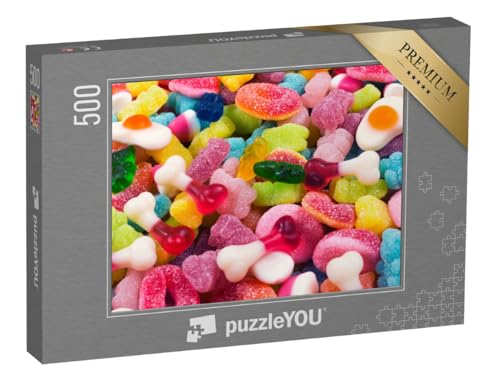 puzzleYOU: Puzzle 500 Teile „Gelbe und Rosa Gummibären, saure Ringe“ von puzzleYOU