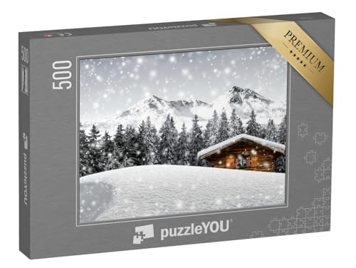 puzzleYOU: Puzzle 500 Teile „Gemütliche Holzhütte in den verschneiten Bergen“ – aus der Puzzle-Kollektion Jahreszeiten, Himmel & Jahreszeiten von puzzleYOU