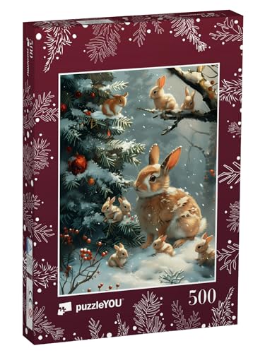 puzzleYOU: Puzzle 500 Teile „Hasenkinder begutachten den Weihnachtsbaum“ – aus der Puzzle-Kollektion Weihnachten von puzzleYOU
