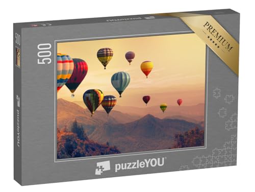 puzzleYOU: Puzzle 500 Teile „Heißluftballon über hohem Berg bei Sonnenuntergang“ – aus der Puzzle-Kollektion Ballon, Heißluftballons, Himmel & Jahreszeiten von puzzleYOU