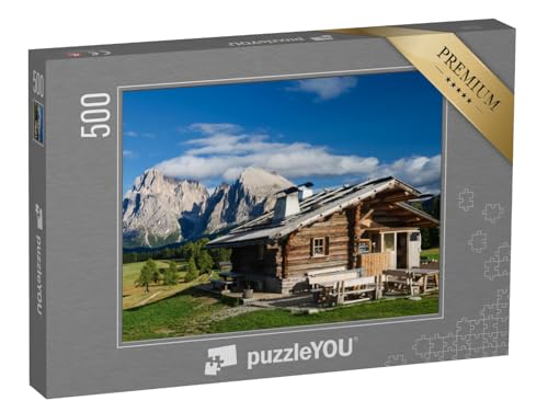 puzzleYOU: Puzzle 500 Teile „Hütte auf der Seiser ALM mit Plattkofel und Langkofel, Südtirol“ – aus der Puzzle-Kollektion Berge & Täler von puzzleYOU