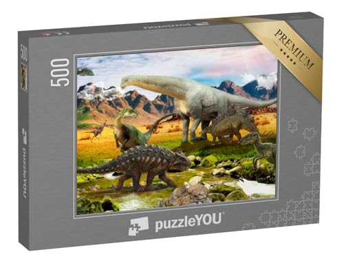 puzzleYOU: Puzzle 500 Teile „Illustration: Dinosaurier, Park am See“ – aus der Puzzle-Kollektion Dinosaurier von puzzleYOU
