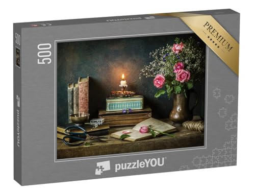 puzzleYOU: Puzzle 500 Teile „Klassisches Stillleben mit Vintage-Büchern, Alten Boxen und schönen Rosen“ – aus der Puzzle-Kollektion Stillleben von puzzleYOU