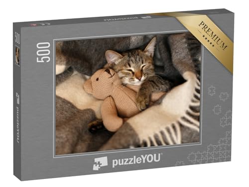 puzzleYOU: Puzzle 500 Teile „Kleines Kätzchen mit seinem Lieblingsstofftier beim Mittagschlaf“ – aus der Puzzle-Kollektion Katzen-Puzzles von puzzleYOU