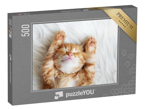 puzzleYOU: Puzzle 500 Teile „Kleines rotes Kätzchen beim Schlafen auf Einer Felldecke“ – aus der Puzzle-Kollektion Tiere, Katzen-Puzzles von puzzleYOU