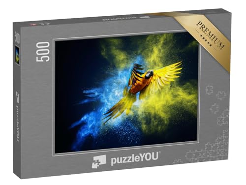 puzzleYOU: Puzzle 500 Teile „Kunstvoll inszeniert: Fliegender Ara“ – aus der Puzzle-Kollektion Tiere, Vögel, Papagei, Tiere in Dschungel & Regenwald von puzzleYOU