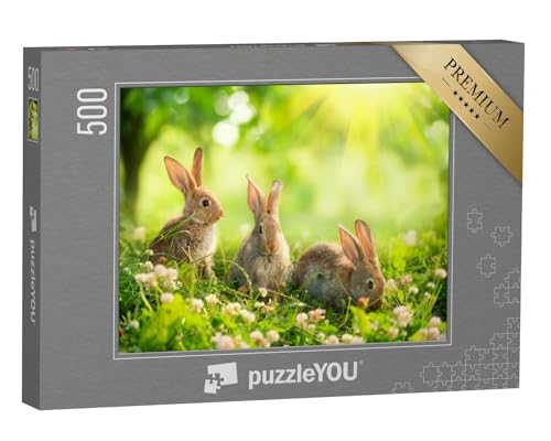puzzleYOU: Puzzle 500 Teile „Niedliche Kaninchen auf Einer Frühlingswiese“ – aus der Puzzle-Kollektion Tiere von puzzleYOU