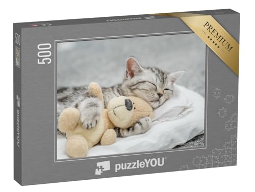 puzzleYOU: Puzzle 500 Teile „Niedliches Kätzchen schmust mit einem Teddy“ – aus der Puzzle-Kollektion Tiere, Amerika, Katzen-Puzzles von puzzleYOU