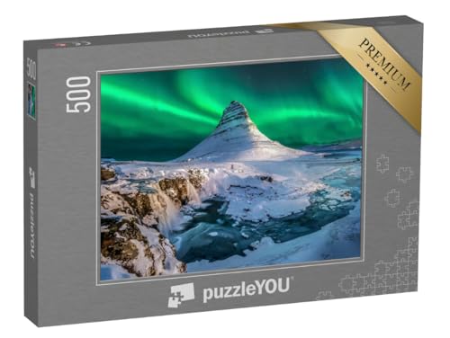 puzzleYOU: Puzzle 500 Teile „Nordlichter erscheinen über dem Berg Kirkjufell in Island.“ – aus der Puzzle-Kollektion Natur, Island, Wildnis, Jahreszeiten, Skandinavien, Wildnis & Wüste von puzzleYOU