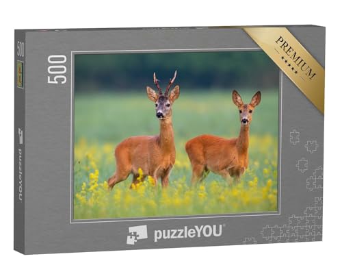puzzleYOU: Puzzle 500 Teile „Rehwild auf einem Feld voller gelben Wildblumen“ – aus der Puzzle-Kollektion Rehe von puzzleYOU