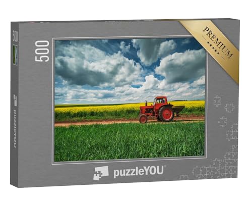 puzzleYOU: Puzzle 500 Teile „Roter Traktor mit Anhänger vor einem Rapsfeld, Oxfordshire“ – aus der Puzzle-Kollektion Traktoren von puzzleYOU