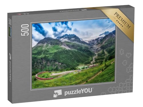puzzleYOU: Puzzle 500 Teile „Roter Zug Bernina Express zur Passage in den Bergen im Sommer“ von puzzleYOU