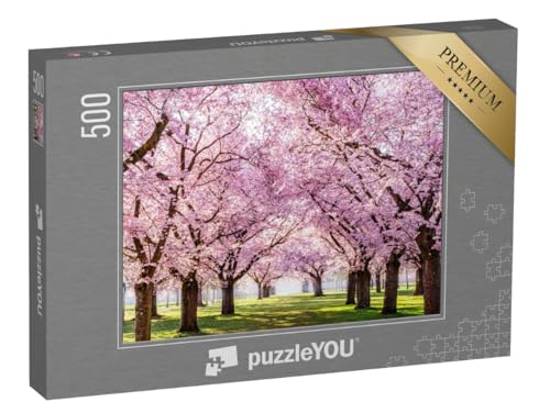 puzzleYOU: Puzzle 500 Teile „Sakura-Kirschblüten-Allee, wunderschöner Park“ – aus der Puzzle-Kollektion Bäume, Kirschblüten, Wald & Bäume, Blumen & Pflanzen von puzzleYOU