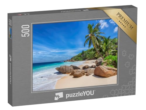 puzzleYOU: Puzzle 500 Teile „Tropischer Strand und Kokosnusspalmen auf den Seychellen“ – aus der Puzzle-Kollektion Jamaika von puzzleYOU