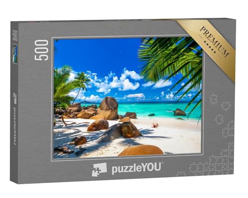 puzzleYOU: Puzzle 500 Teile „Typischer Strand auf den Seychellen mit Granitfelsen“ – aus der Puzzle-Kollektion Südsee von puzzleYOU
