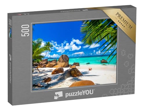 puzzleYOU: Puzzle 500 Teile „Typischer Strand auf den Seychellen mit Granitfelsen“ – aus der Puzzle-Kollektion Südsee von puzzleYOU