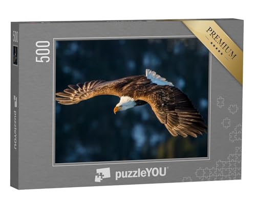 puzzleYOU: Puzzle 500 Teile „Weißkopfseeadler über einem bewaldeten Berg, Alaska“ – aus der Puzzle-Kollektion Adler, Tiere in Wald & Gebirge von puzzleYOU