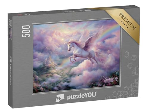 puzzleYOU: Puzzle 500 Teile „Zauberhaftes rosa Einhorn fliegt über das Schloss“ von puzzleYOU