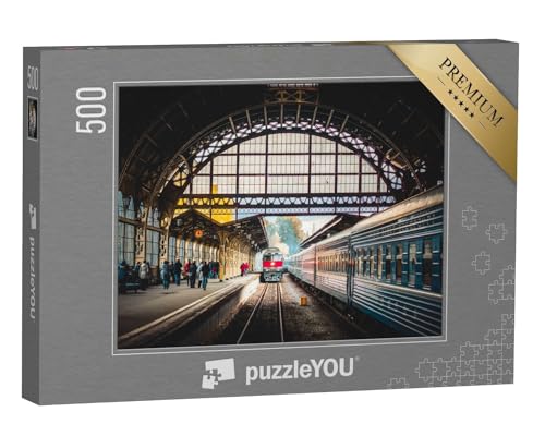 puzzleYOU: Puzzle 500 Teile „Zugeinfahrt in den Bahnhof“ – aus der Puzzle-Kollektion Eisenbahn, Lokomotive von puzzleYOU