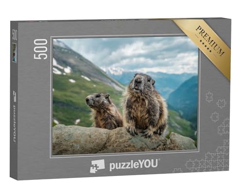 puzzleYOU: Puzzle 500 Teile „Zwei Murmeltiere und eine schöne Aussicht am Großglockner“ – aus der Puzzle-Kollektion Murmeltiere von puzzleYOU