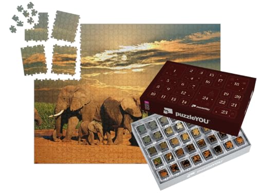 puzzleYOU: Puzzle-Adventskalender | „Afrikanische Elefantenherde, Addo Elephant National Park, Südafrika“ – aus der Puzzle-Kollektion Safari, Elefanten, Tiere in Savanne & Wüste von puzzleYOU