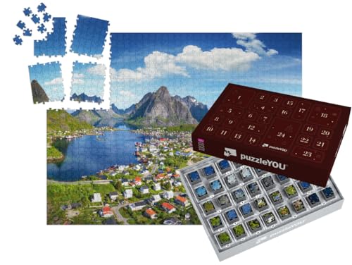 puzzleYOU: Puzzle-Adventskalender | „Dorf Reine unter einem sonnigen, blauen Himmel, Lofoten, Norwegen“ – aus der Puzzle-Kollektion Norwegen von puzzleYOU