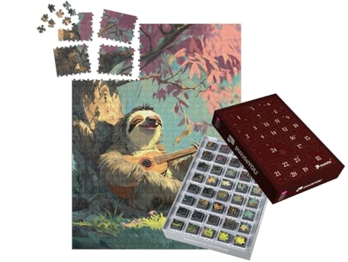 puzzleYOU: Puzzle-Adventskalender | „Glückliches Faultier beim Gitarre Spielen“ – aus der Puzzle-Kollektion Faultiere, Tiere in Dschungel & Regenwald von puzzleYOU