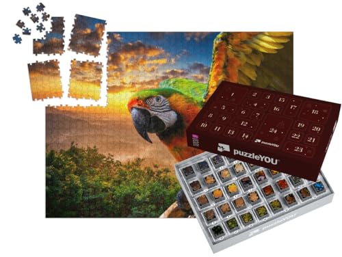 puzzleYOU: Puzzle-Adventskalender | „Prächtige Farben der Natur: Ara im Sonnenuntergang“ – aus der Puzzle-Kollektion Tiere, Vögel, Papagei, Tiere in Dschungel & Regenwald von puzzleYOU