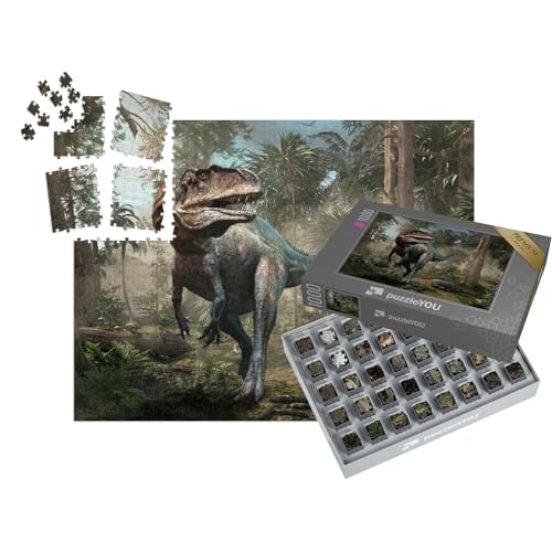 puzzleYOU: SMART Sorted® | Puzzle 1000 Teile leicht gemacht „Acrocanthosaurus, Wald-Szene, 3D-Illustration“ – aus der Puzzle-Kollektion Dinosaurier, Tiere aus Fantasy & Urzeit von puzzleYOU