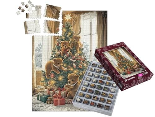 puzzleYOU: SMART Sorted® | Puzzle 1000 Teile leicht gemacht „Bärenkinder Spielen im Christbaum“ – aus der Puzzle-Kollektion Weihnachten von puzzleYOU