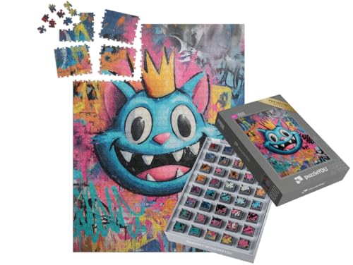 puzzleYOU: SMART Sorted® | Puzzle 1000 Teile leicht gemacht „Blaue Grinse Katze mit Krone“ – aus der Puzzle-Kollektion Kunst & Fantasy von puzzleYOU