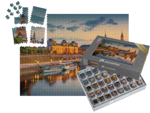 puzzleYOU: SMART Sorted® | Puzzle 1000 Teile leicht gemacht „Dresden an der Elbe: Stadtbild mit Augustbrücke, Sachsen, Deutschland“ – aus der Puzzle-Kollektion Sachsen, Deutschland, Deutsche Städte von puzzleYOU