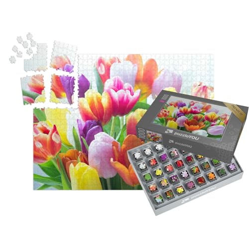 puzzleYOU: SMART Sorted® | Puzzle 1000 Teile leicht gemacht „EIN Strauß bunter Tulpen“ – aus der Puzzle-Kollektion Flora, Blumen, Tulpen von puzzleYOU