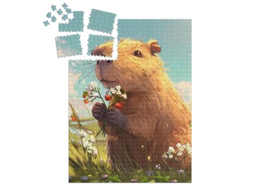 puzzleYOU: SMART Sorted® | Puzzle 1000 Teile leicht gemacht „EIN verträumtes Capybara im Blumenfeld“ – aus der Puzzle-Kollektion Exotische Tiere & Trend-Tiere von puzzleYOU